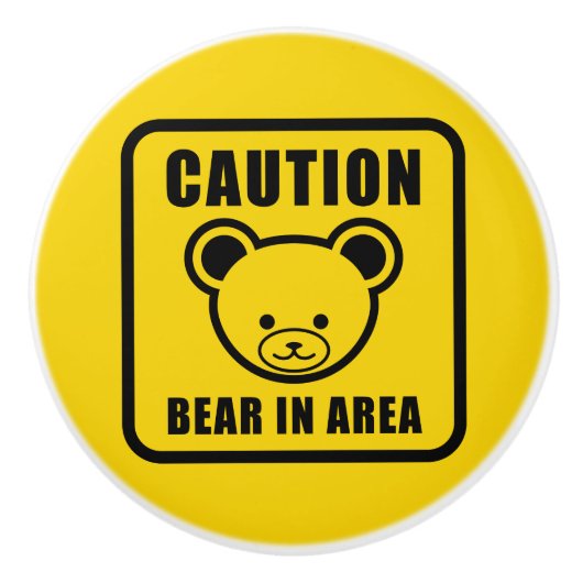 キュートおもしろいイエローブラックテディベア警告標識 セラミックノブ (正面)