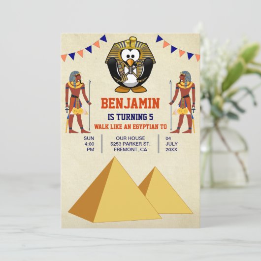 キュートおもしろいエジプトペンギン子供の誕生日パーティー 招待状 (スタンド正面)
