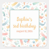 キュートおもしろいキッズ紙吹雪カラフルパステル誕生日 スクエアシール (正面)