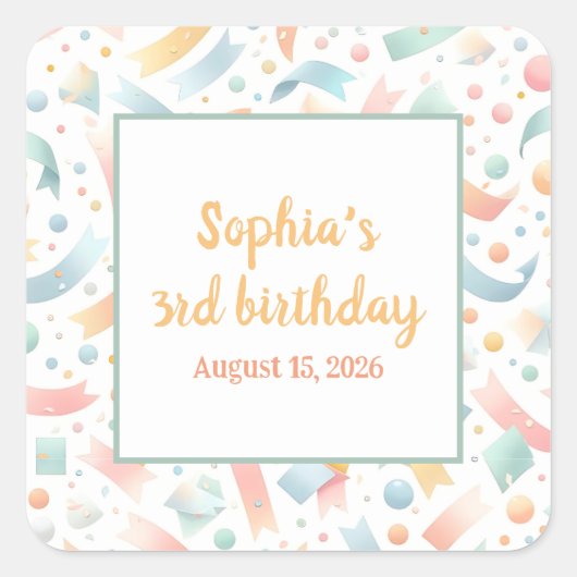 キュートおもしろいキッズ紙吹雪カラフルパステル誕生日 スクエアシール (正面)