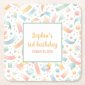 キュートおもしろいキッズ紙吹雪カラフルパステル誕生日 スクエアペーパーコースター (正面)