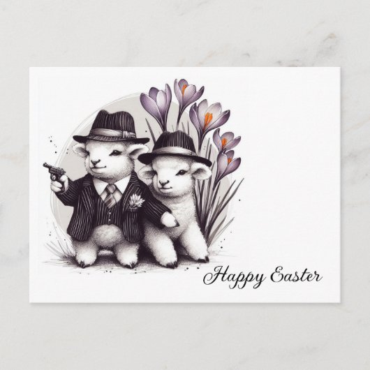 キュートおもしろいギャング復活祭ヒツジ紫色の花 ポストカード (正面)
