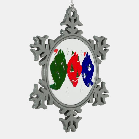 キュートおもしろいクリスマスツリーホリデーハリブントリオ スノーフレークピューターオーナメント (左)