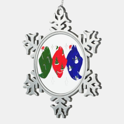 キュートおもしろいクリスマスツリーホリデーハリブントリオ スノーフレークピューターオーナメント (右)