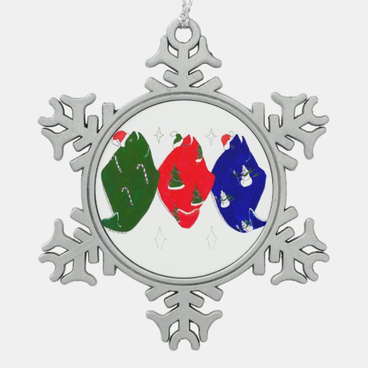 キュートおもしろいクリスマスツリーホリデーハリブントリオ スノーフレークピューターオーナメント (正面)