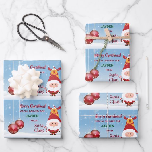 キュートおもしろいスペシャルデリバリーギフトサンタルドルフ ラッピングペーパーシート (正面)