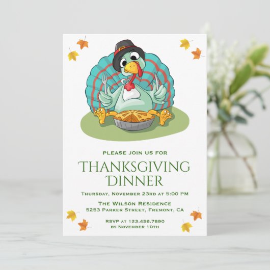 キュートおもしろいターキーサンクスギビングディナーパーティー招待状 招待状 (スタンド正面)