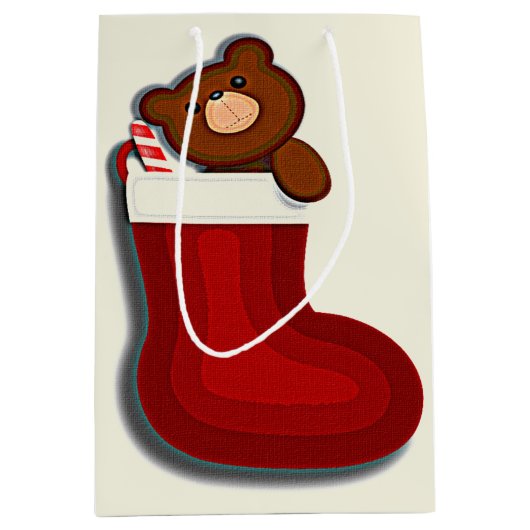 キュートおもしろいテディベアストッキングクリスマス ミディアムペーパーバッグ (正面)