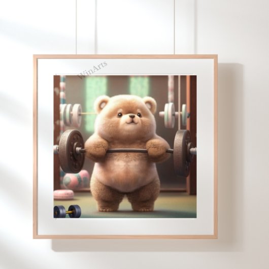 キュートおもしろいベアーウエイトリフトinジムトレーニングアート ポスター