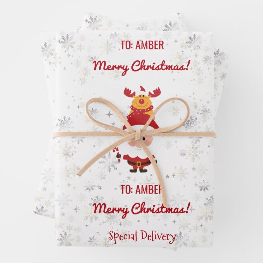 キュートおもしろいルドルフ・サンタスペシャルデリバリー名 ラッピングペーパーシート (インサイチュ)