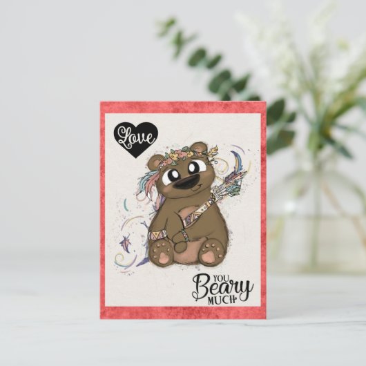 キュートおもしろいヴァレンティンズデイベアキュピッド ポストカード (スタンド正面)