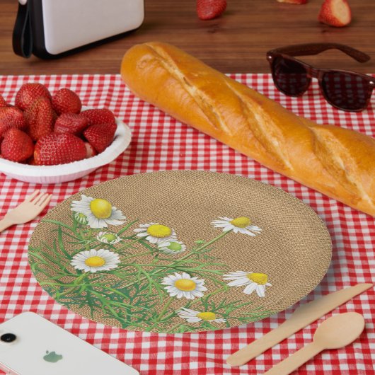 キュートおもしろいヴィンテージカモミール花フェイクジュートバーラップ ペーパープレート (ピクニック)