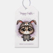 キュートおもしろい子猫バニー耳パープルハッピーイースター ギフトタグ (正面)