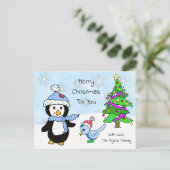 キュートお洒落なクリスマス・ペンギンと鳥 ポストカード (スタンド正面)
