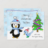 キュートお洒落なクリスマス・ペンギンと鳥 ポストカード (正面/裏面)