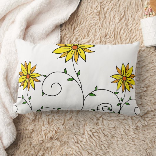 キュートお洒落イエローフラワーズドードルアート ランバークッション (ブランケット)