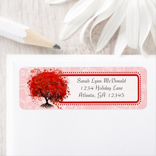 キュートお洒落スワールハートツリー赤ピンクドット ラベル (インサイチュ)