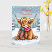 キュートお洒落ハイランドカウクパーソナライズされたクリスマス カード (黄色い花)