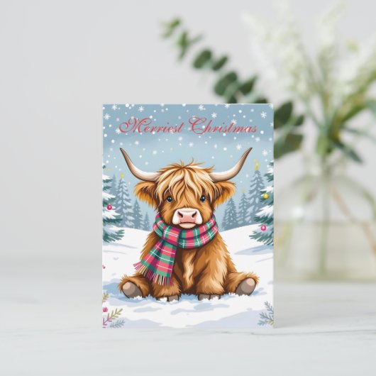 キュートお洒落ハイランドカウクパーソナライズされたクリスマス ポストカード (スタンド正面)