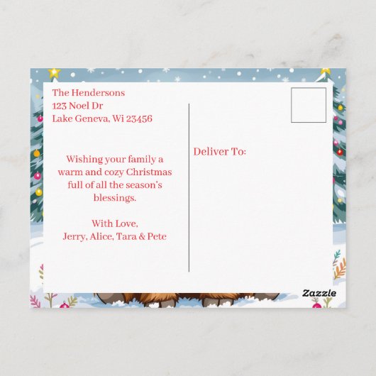 キュートお洒落ハイランドカウクパーソナライズされたクリスマス ポストカード (裏面)