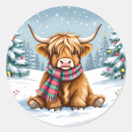 キュートお洒落ハイランドカウクリスマス ラウンドシール