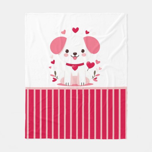 キュートお洒落バレンタインの子犬 フリースブランケット (正面)