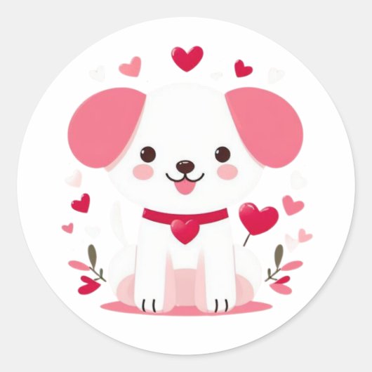 キュートお洒落バレンタインの子犬 ラウンドシール (正面)
