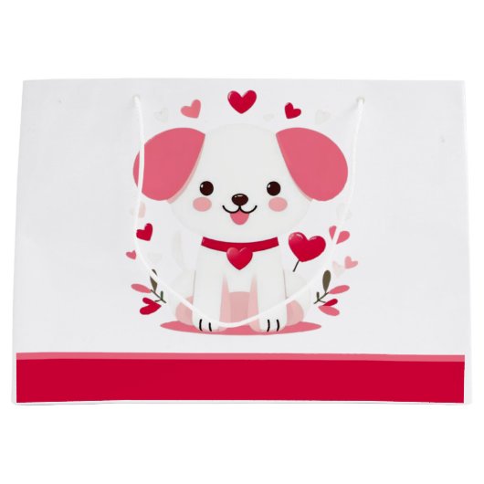 キュートお洒落バレンタインの子犬 ラージペーパーバッグ (正面)