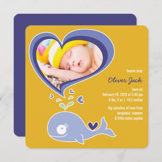 キュートお洒落パープルクジラ男の赤ちゃんフォト誕生 案内状 (正面/裏面)