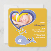 キュートお洒落パープルクジラ男の赤ちゃんフォト誕生 案内状 (正面)