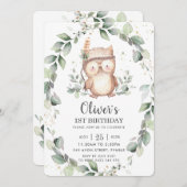 キュートお洒落フクロウ素朴グリーンリーリーフ誕生日 招待状 (正面/裏面)