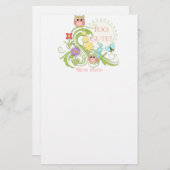 キュートお洒落フクロウNバタフライスクロールフローラアート 便箋 (正面/裏面)