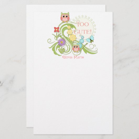 キュートお洒落フクロウNバタフライスクロールフローラアート 便箋 (正面/裏面)