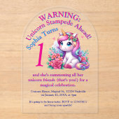 キュートお洒落フローラユニコーンガーリー子供の誕生日 アクリル招待状 (正面)
