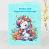 キュートお洒落フローラユニコーンガーリー子供の誕生日 カード (黄色い花)