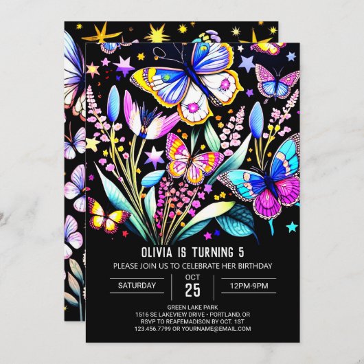 キュートお洒落プリント可能な蝶誕生日 招待状 (正面/裏面)