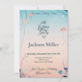 キュートお洒落ペンギン付きバルーン誕生日 招待状 (正面)