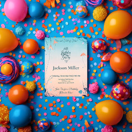 キュートお洒落ペンギン付きバルーン誕生日 招待状