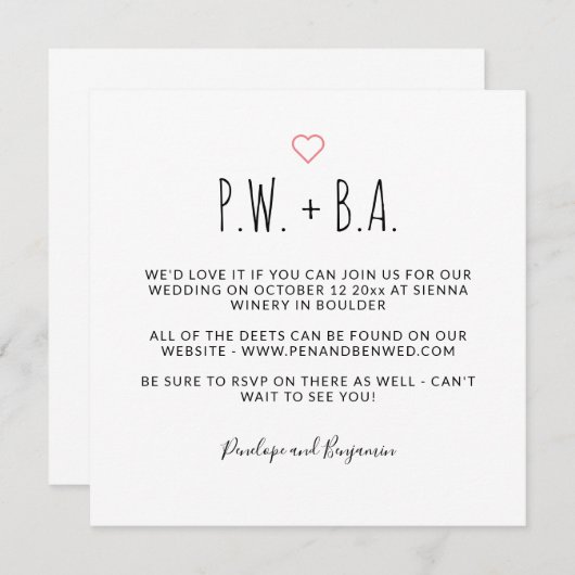 キュートお洒落ミニマルな黒と白結婚の 招待状 (正面/裏面)