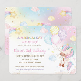 キュートお洒落ユニコーンバルーンレインボー誕生日 招待状