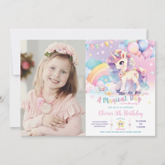 キュートお洒落レインボーユニコーンマジカル誕生日 招待状 (正面)