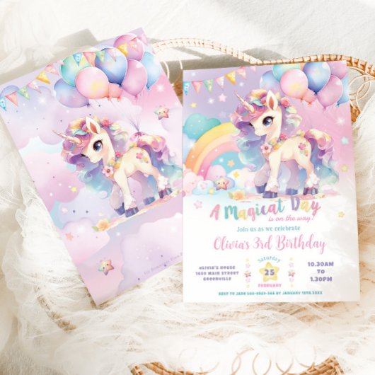 キュートお洒落レインボーユニコーンマジカル誕生日 招待状