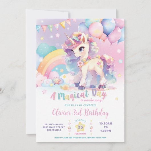 キュートお洒落レインボーユニコーンマジカル誕生日 招待状 (正面)