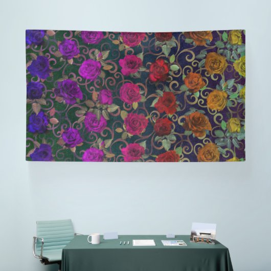 キュートかわいらしダマスクの虹のバラ（渦巻き） 横断幕 (トレードショー)