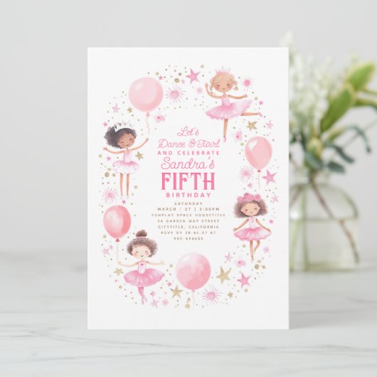 キュートかわいらしバレリーナスバレエ誕生日パーティー 招待状 (スタンド正面)