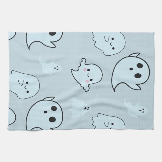 キュートすごいホワイト幽霊グリーンハロウィーン キッチンタオル (横)