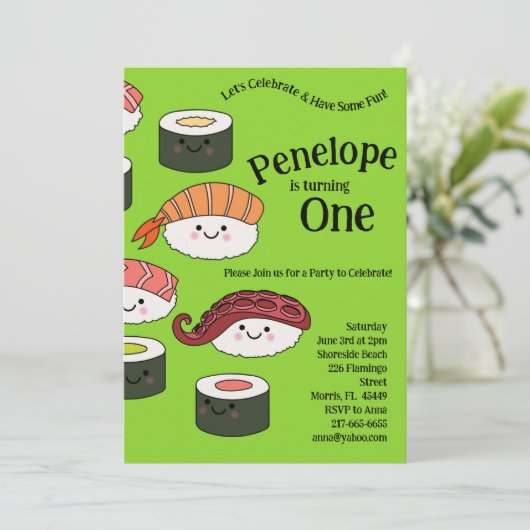 キュートすしキッズ1st誕生日パーティーかわいい 招待状 (スタンド正面)