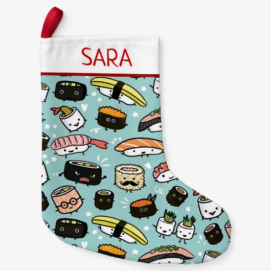 キュートすし柄おもしろいかわいいフードホリデークリスマス スモールクリスマスストッキング (正面)