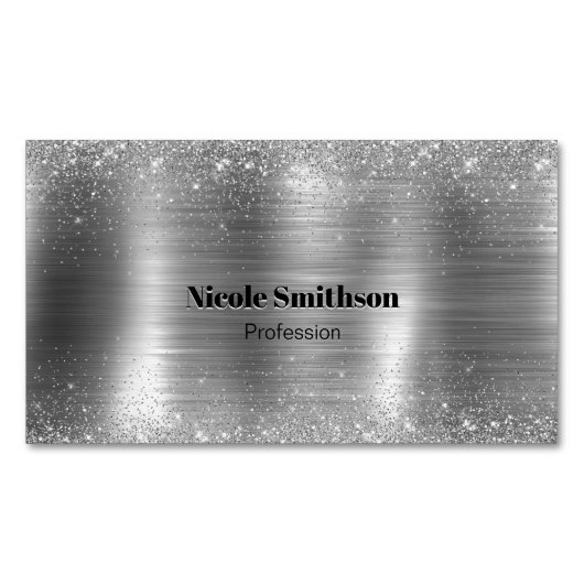 キュートつや消しメタル銀フェイクグリッターモノグラム マグネット名刺 (正面)