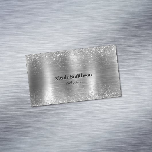 キュートつや消しメタル銀フェイクグリッターモノグラム マグネット名刺 (インサイチュ)